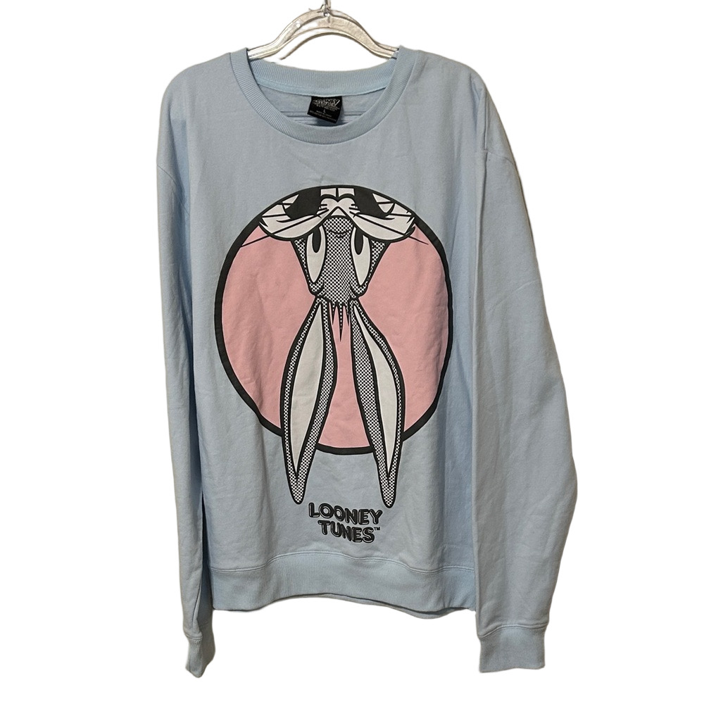 🪗Looney Tunes Light Blue pullover bugs bunny 🐰 Sweatshirt size L unisex GUC..